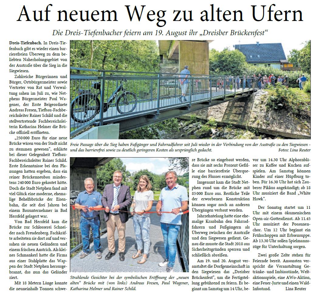 Auf neuem Weg zu alten Ufern - Die Dreis-Tiefenbacher feiern am 19. August ihr Dreisber Brückenfest".